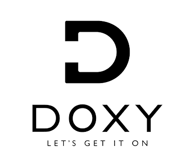 Black Doxy logo with stylized letter D and slogan Let's Get It On on white background