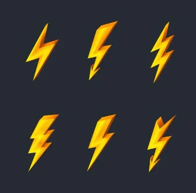 Six stylized yellow lightning bolt icons on dark background, symbolizing electricity and energy