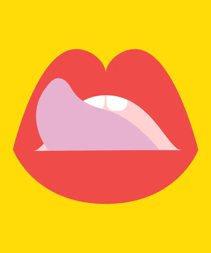 Minimalist red lips with a pink tongue licking teeth on bright yellow background