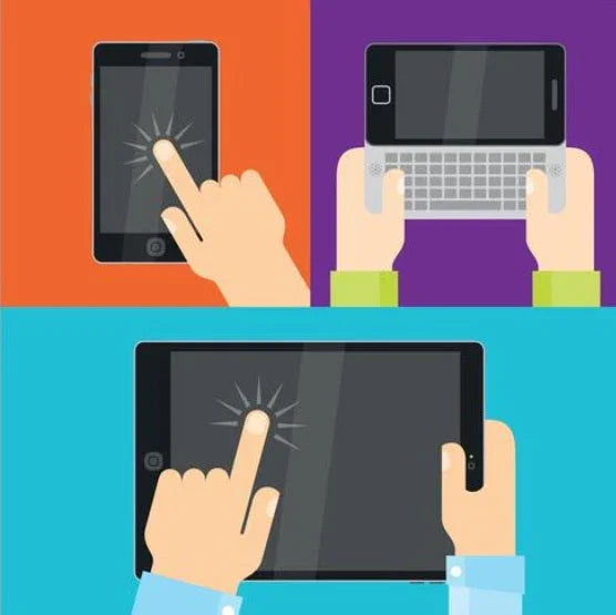 Cartoon hands using touchscreen smartphone, tablet, and keyboard phone, colorful background