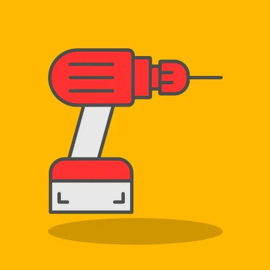 Red and white cordless drill icon on yellow background with shadow