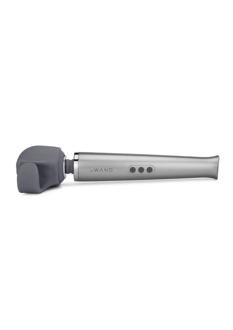 le Wand gray cordless wand massager with ergonomic head and control buttons on metallic handle