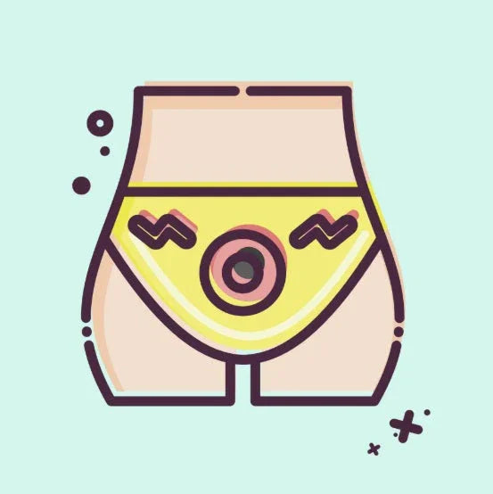 Cartoon of lower torso wearing yellow underwear with perineum vibrator icon, pastel background