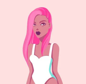 Illustration of a woman with long pink hair wearing a white sleeveless bodysuit on a light pink background