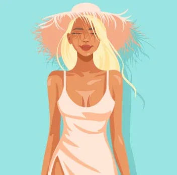 Illustration of a blonde woman wearing a peach dress and wide-brimmed feathered hat against teal background