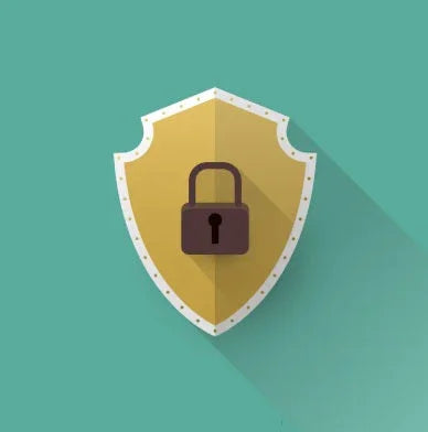 Golden shield with white border and central brown padlock icon on teal background