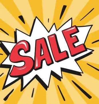 Bold SALE text in red with comic burst on yellow background, discount promotion graphic
