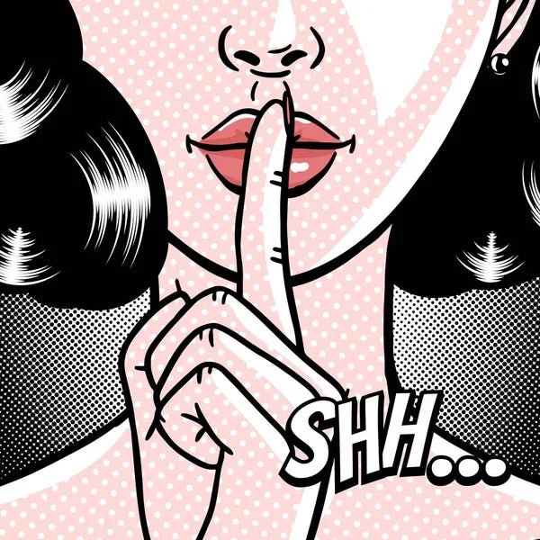 Pop art woman making shushing gesture with finger on lips and text SHH...