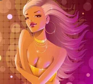 Stylized illustration of a glamorous woman with flowing pink hair, gold jewelry, and a yellow top on a disco-themed background