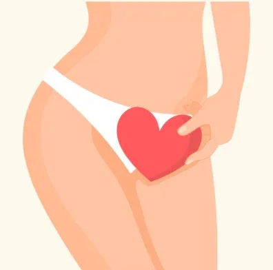 Illustration of woman in white underwear holding red heart shape over pelvic area