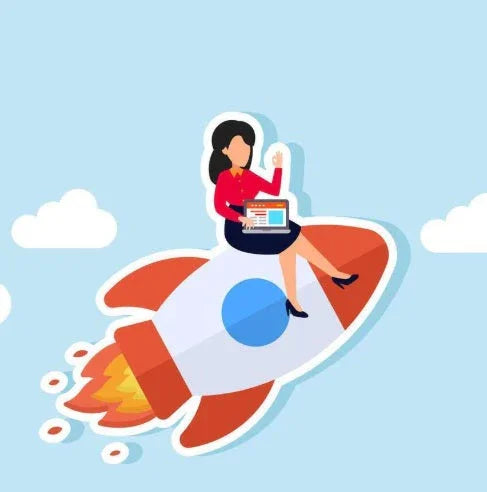 Illustration of a woman in business attire holding a laptop, sitting on a rocket with clouds in the sky.