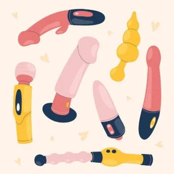 Illustration of various colorful vibrating penis sleeves and adult toys on a light background