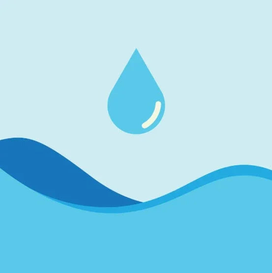 Blue water drop above wavy water graphic, waterproof icon illustration.