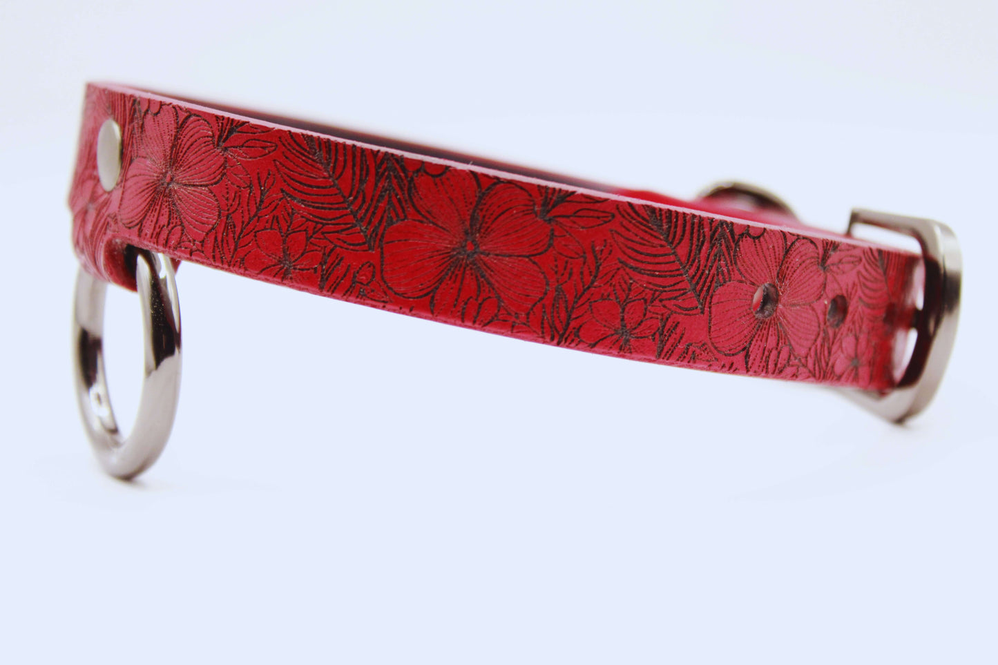 Submissive Collar Red Floral Leather Choker | Discreet Day Collar