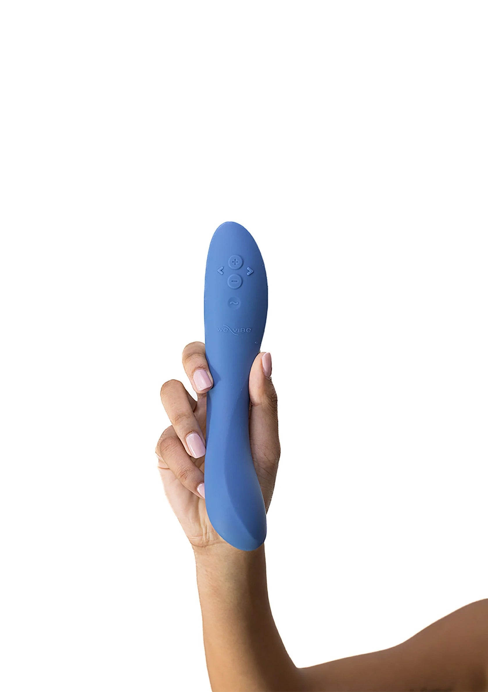 blauw gebogen seksspeeltje met knoppen op de bovenkant