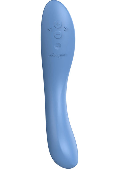 blauw gebogen seksspeeltje met bedieningsknoppen op de kop