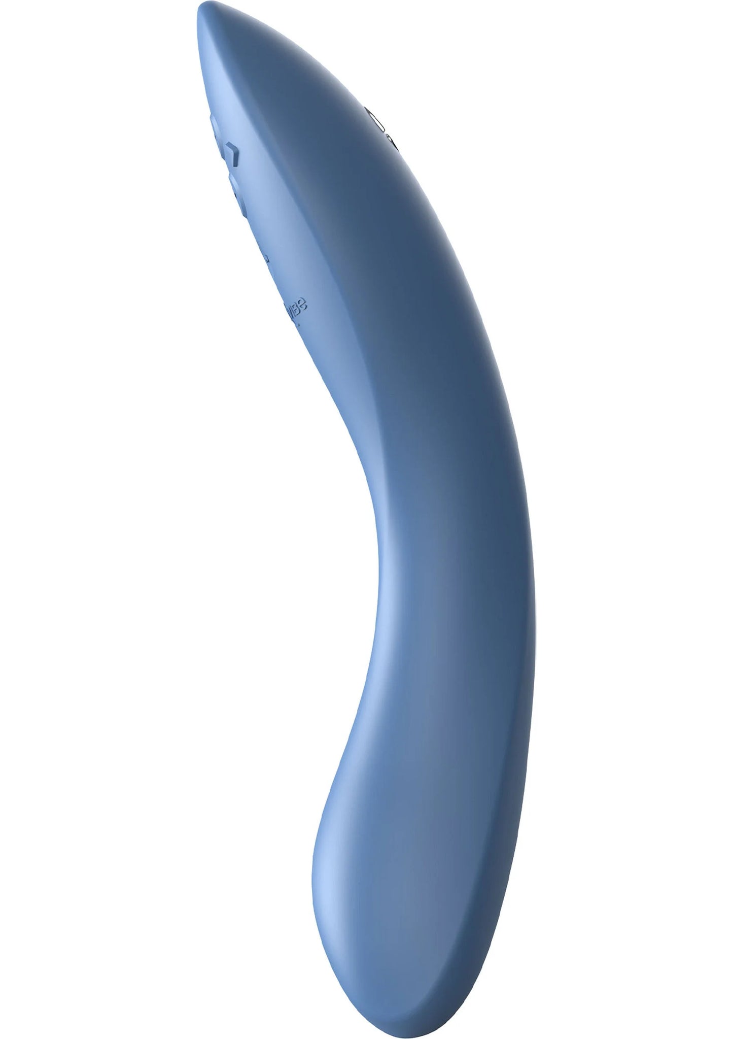 blauw gebogen seksspeeltje, schuine zijaanzicht