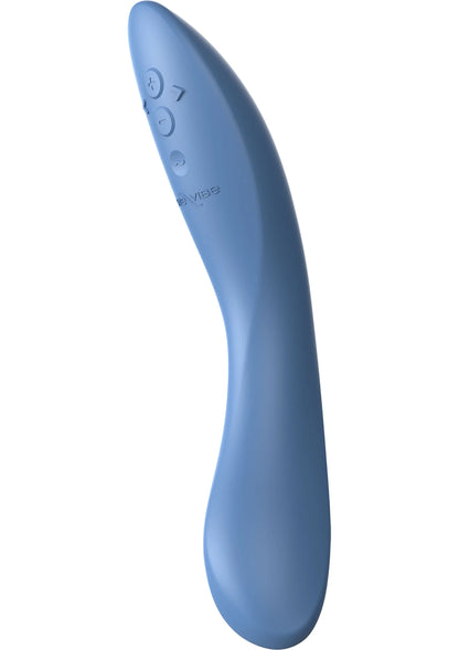 blauw gebogen seksspeeltje met knopjes en logo op het oppervlak