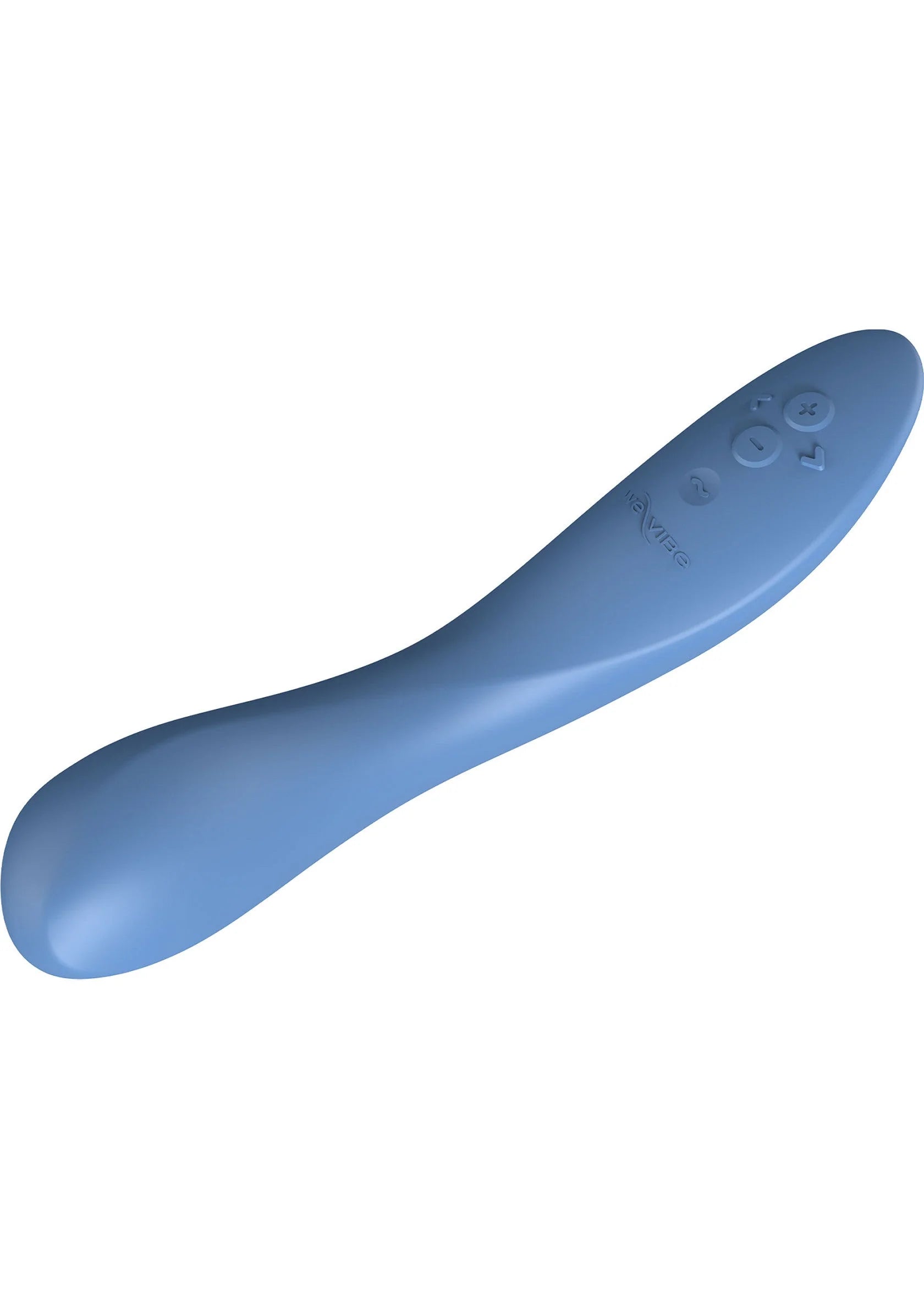 blauw gebogen seksspeeltje, langwerpige vorm op witte achtergrond