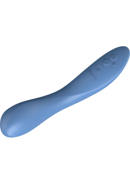 blauw gebogen seksspeeltje, langwerpige vorm op witte achtergrond