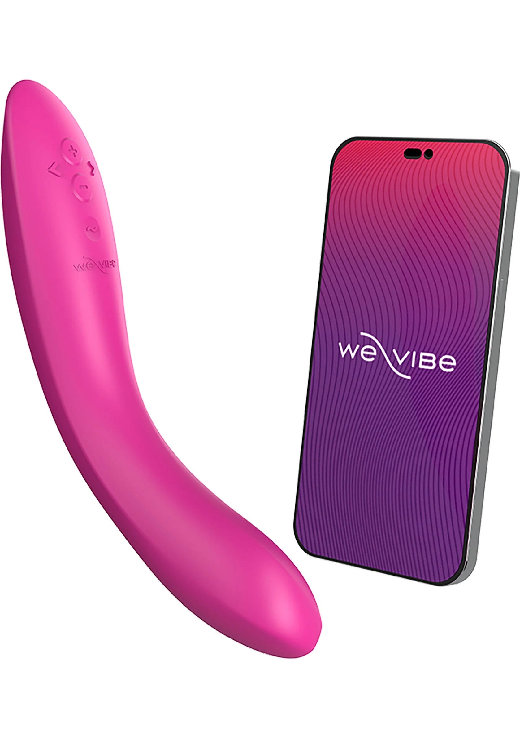 Roze Rave 2 vibrerende dildo naast verpakking en smartphone-kaart.
