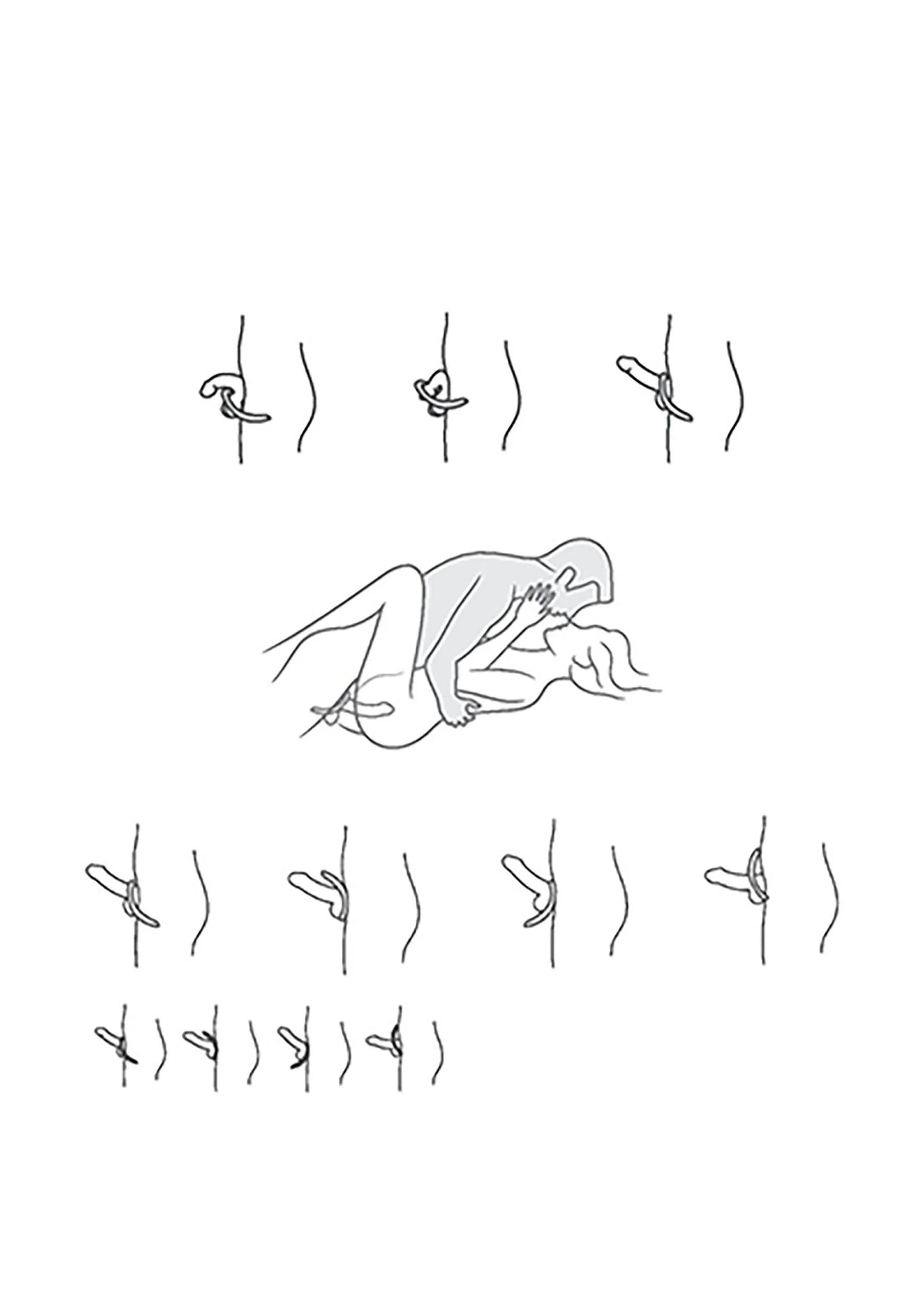 Perineale stimulator in gebruik, schematische illustratie met meerdere standposities