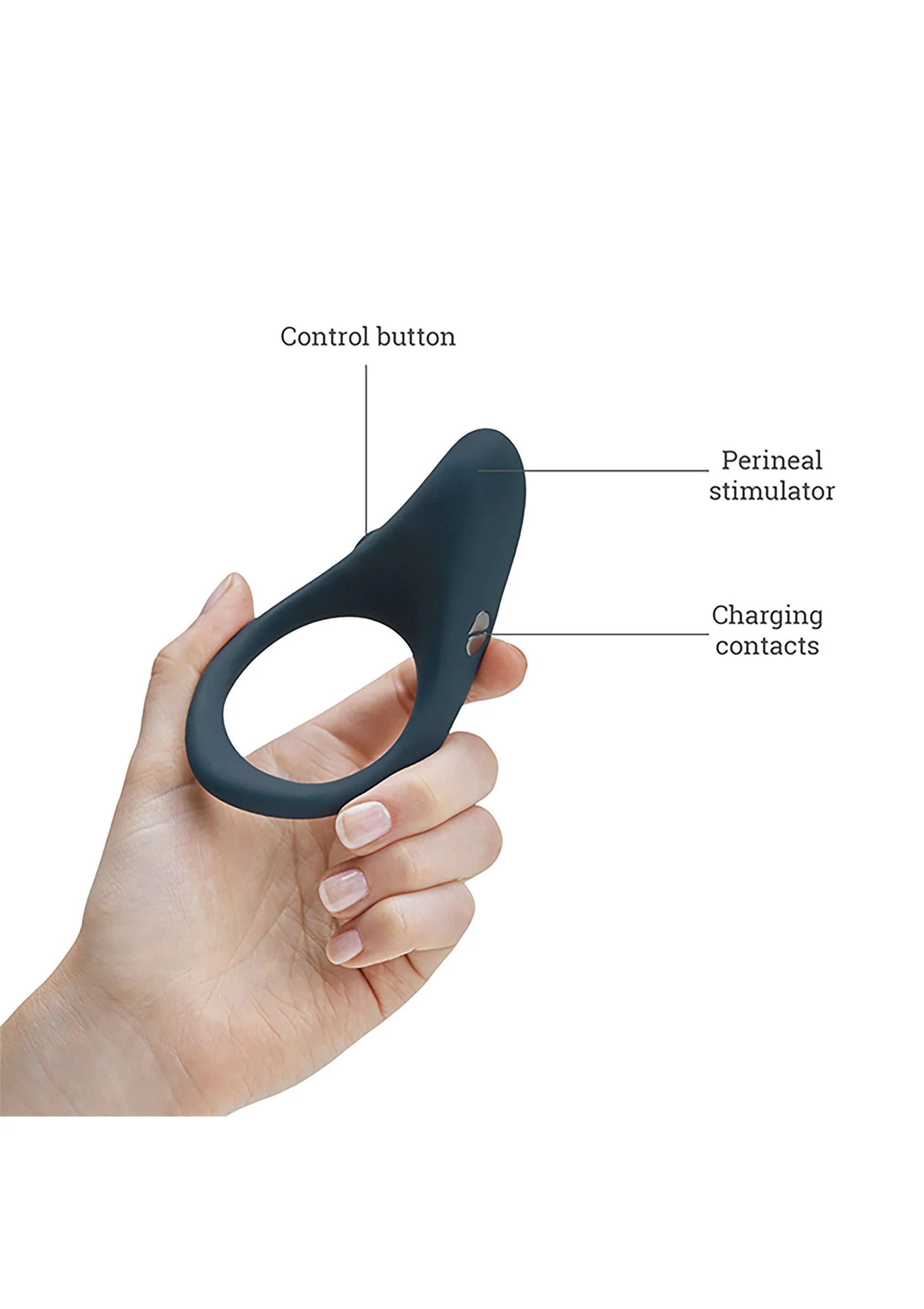 Donkerblauwe perineale stimulator met controleknop en ringopening, vastgehouden in hand