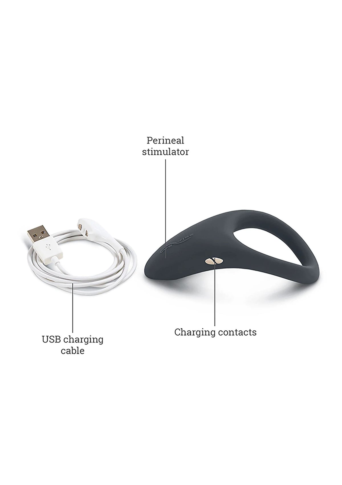 Donkerblauwe perineale stimulator met USB-oplaadkabel en laadcontacten