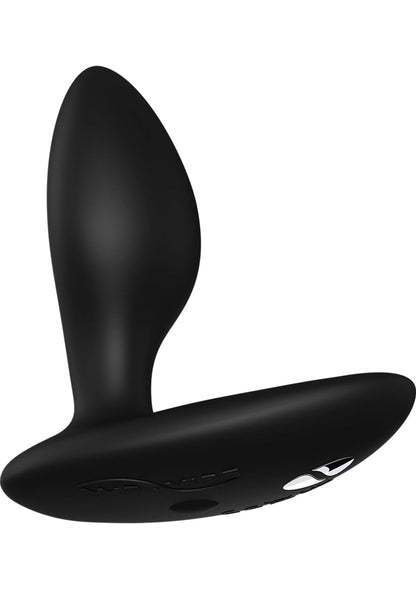 Zwarte siliconen anale plug, schuine zijaanzicht met afgeronde voet.