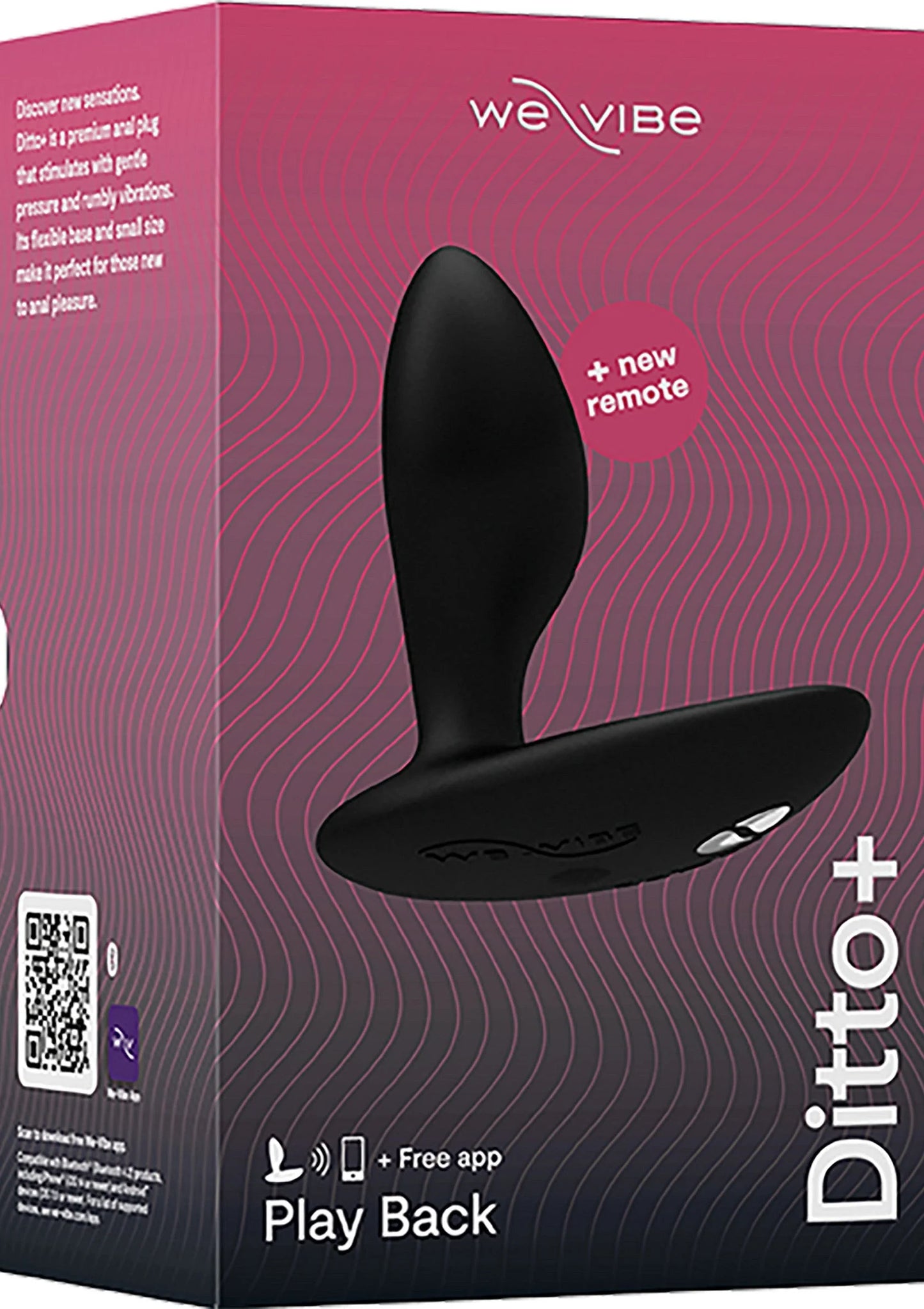 We-Vibe Ditto + verpakking met zwarte anale plug en tekst “Play Back”.