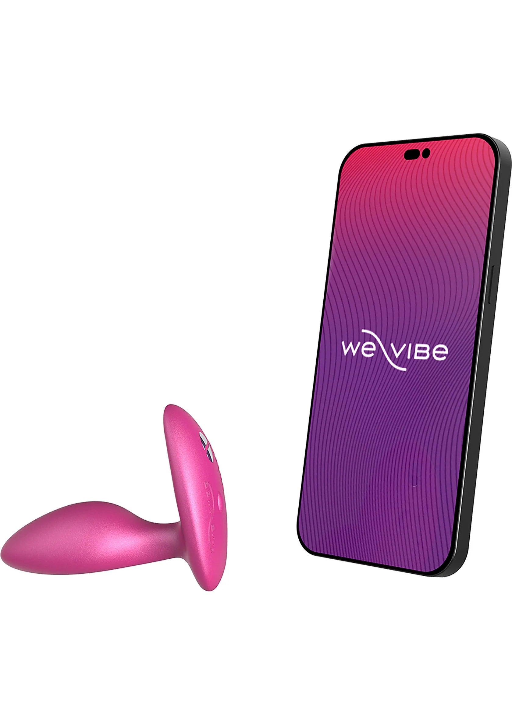 Metaalroze vibratorplug met smartphone-remote in set, met weVibe-schermlogo.