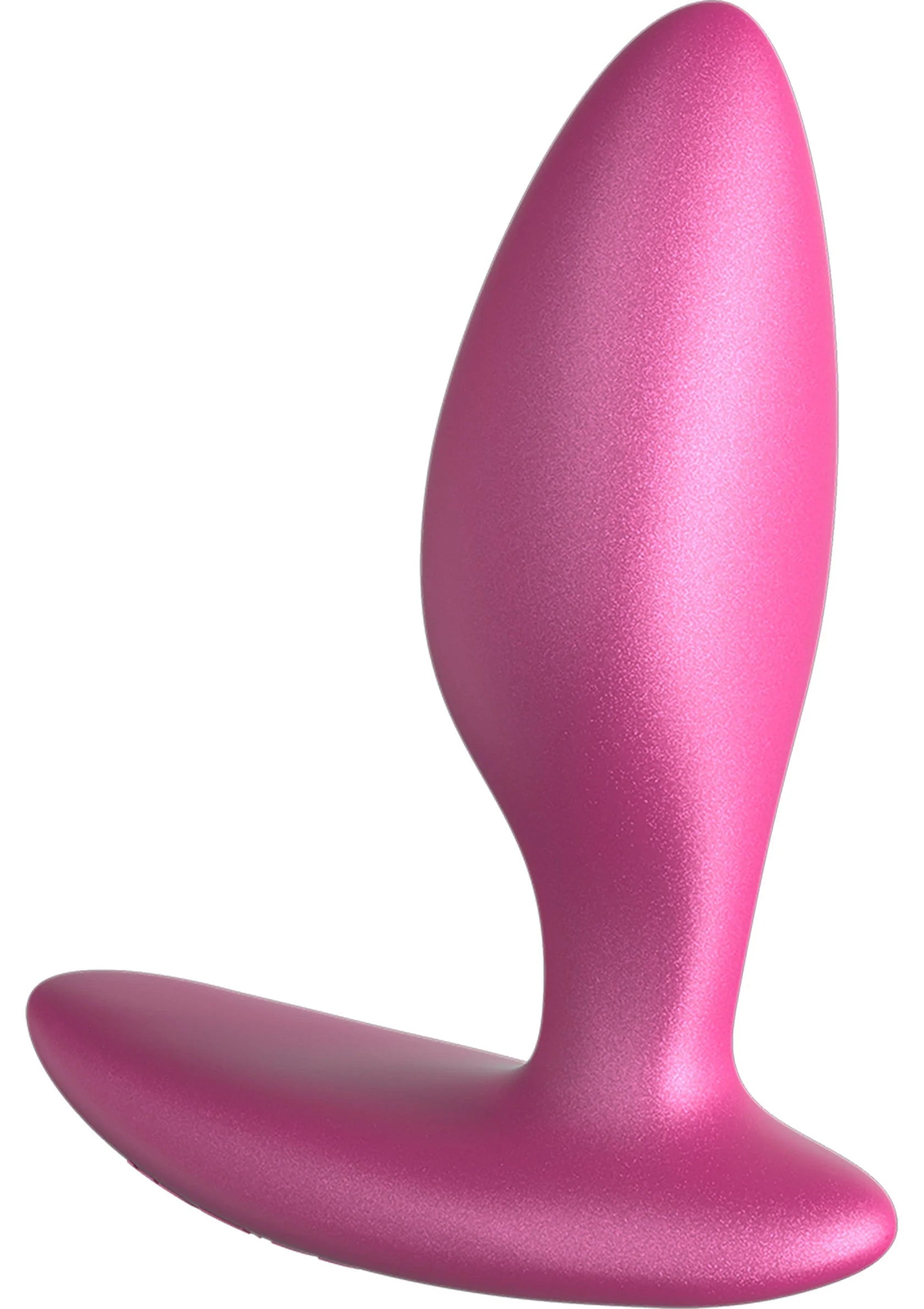 Metaalroze anaalvibrator met gebogen schacht en afgeronde, platte basis.