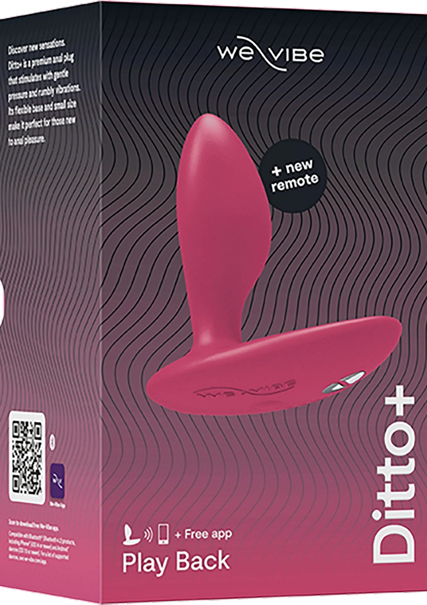 Productdoos met roze anaalvibratorillustratie en weVibe-tekst, plus app-opdruk.