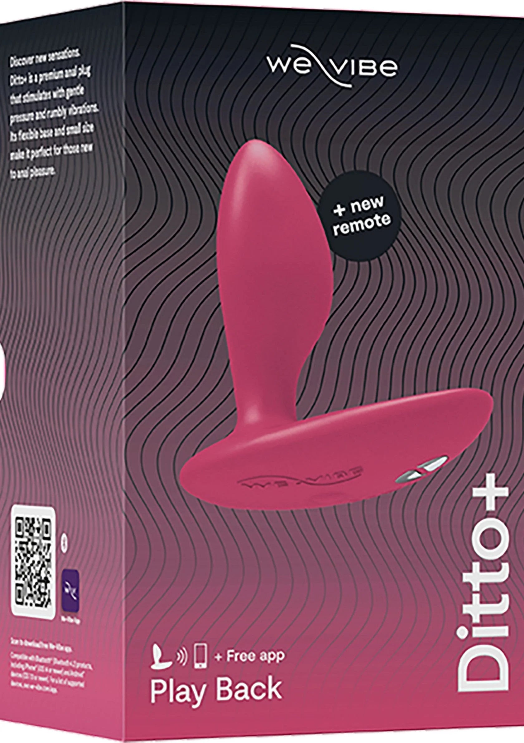 Productdoos met roze anaalvibratorillustratie en weVibe-tekst, plus app-opdruk.