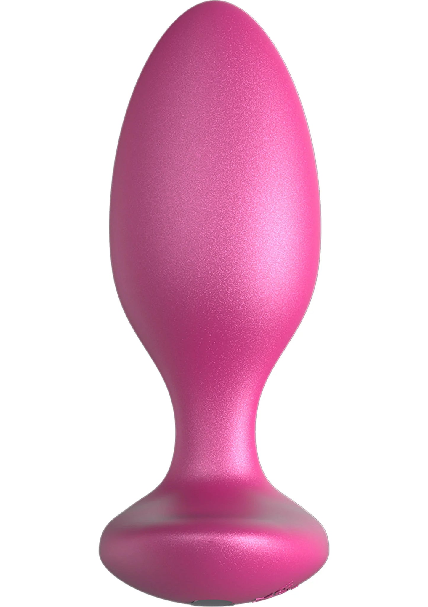 Metaalroze plugvormige vibrator met brede, platte voet en glad oppervlak.