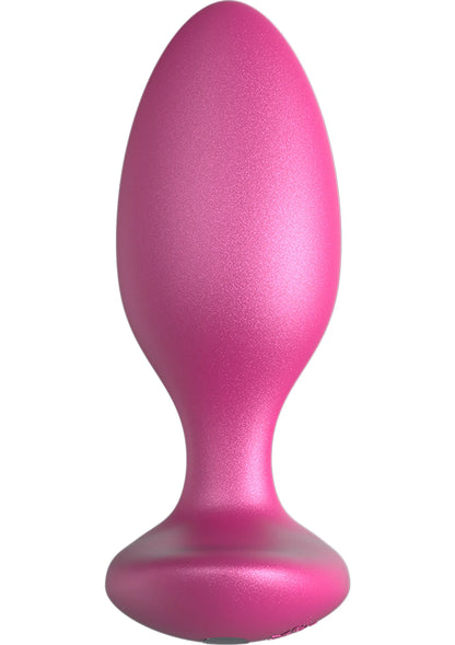 Metaalroze plugvormige vibrator met brede, platte voet en glad oppervlak.
