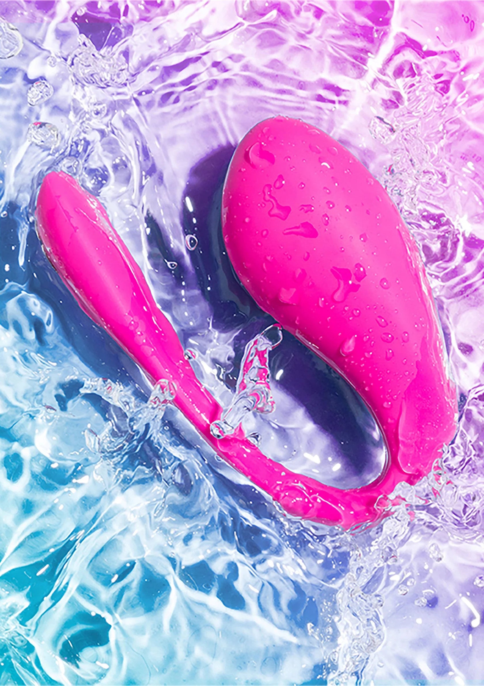 We-Vibe Jive 2 duo-vibrator in felroze met twee ovale uiteinden, met waterdruppels