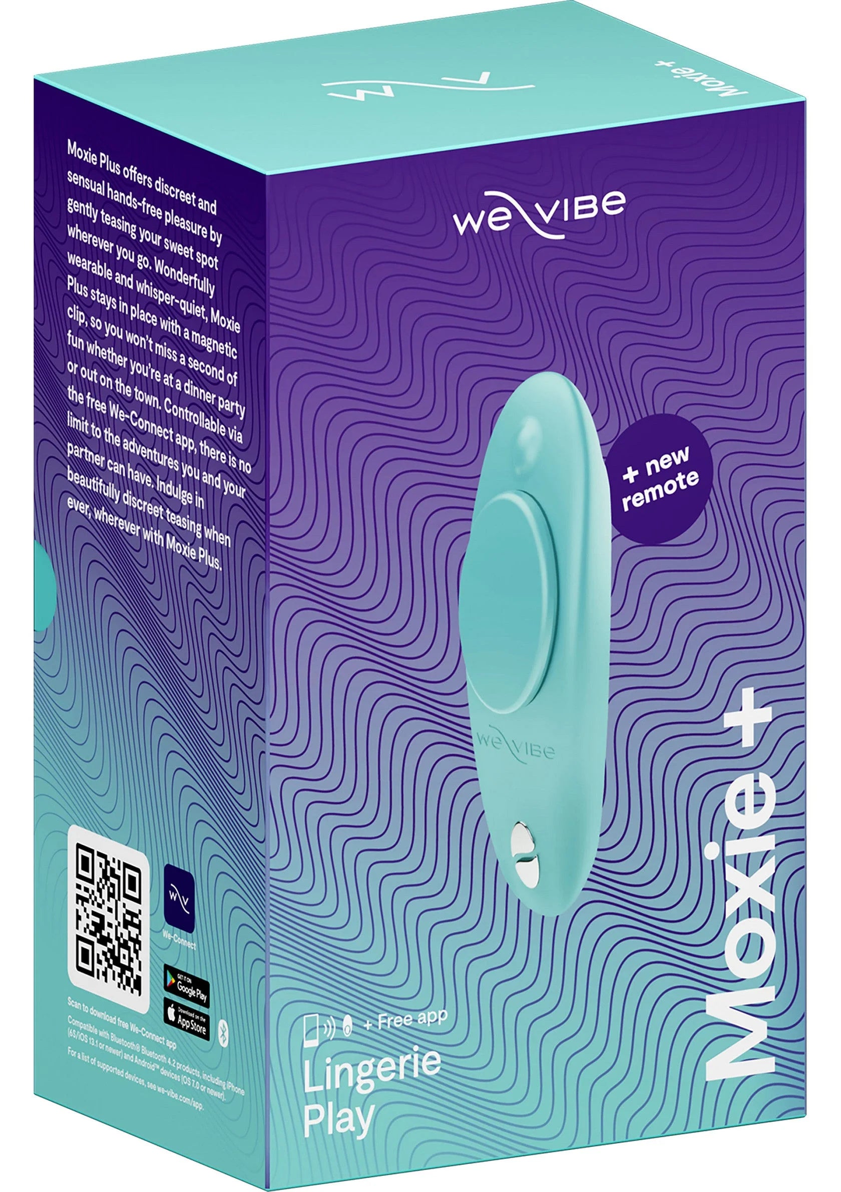 Moxie+ by We-Vibe verpakking, aqua vibrerende vorm en pictogram voor remote