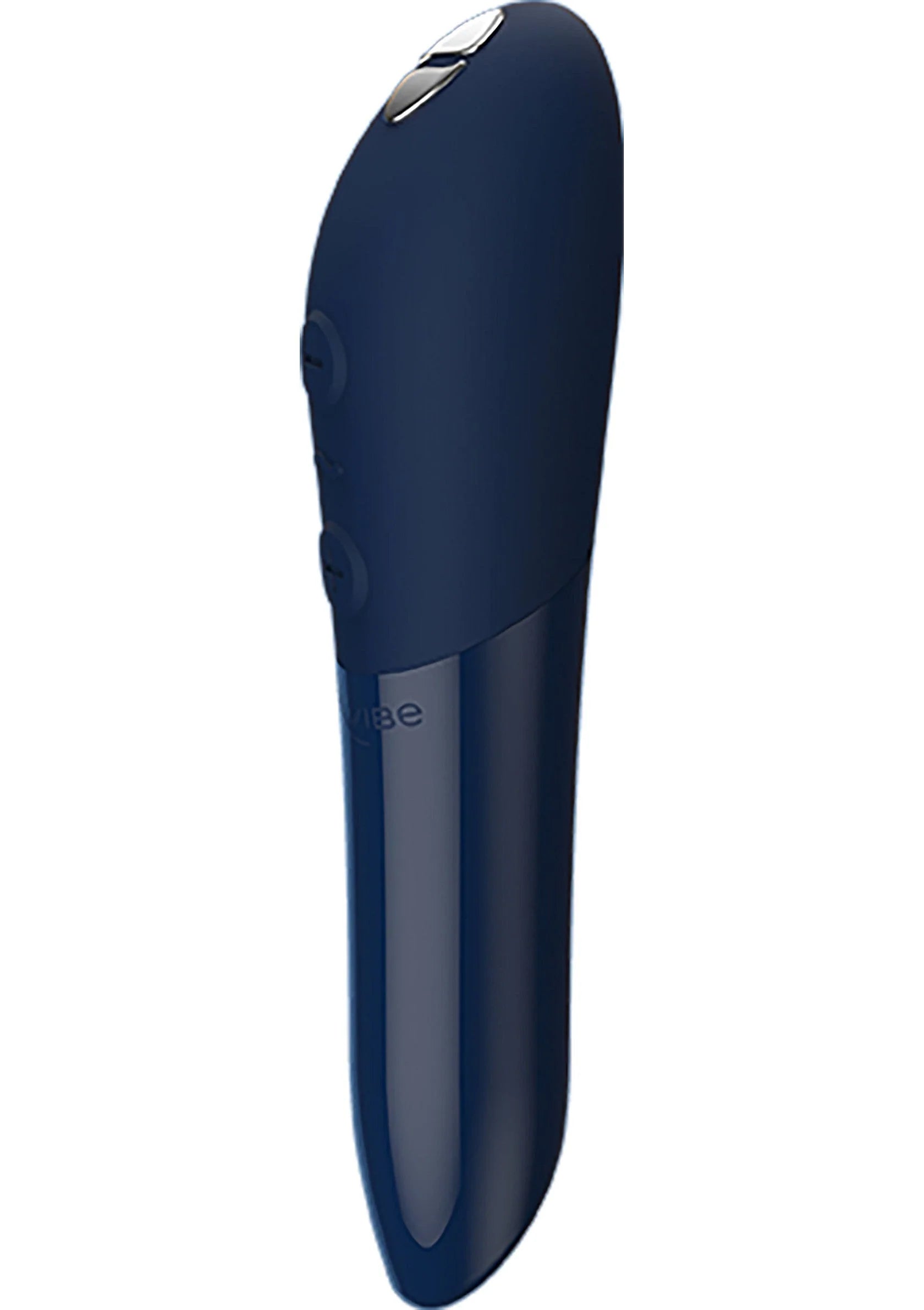 Marineblauwe Tango X massager, zijaanzicht met afgeronde behuizing.
