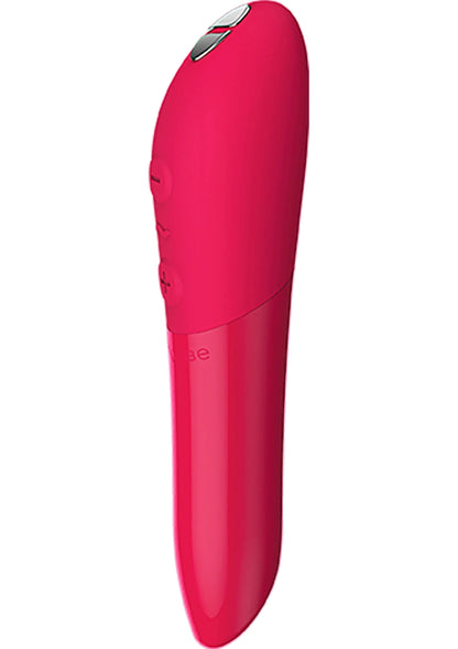 Rode Tango X vibrator, close-up zijkant met logo en afgerond uiteinde
