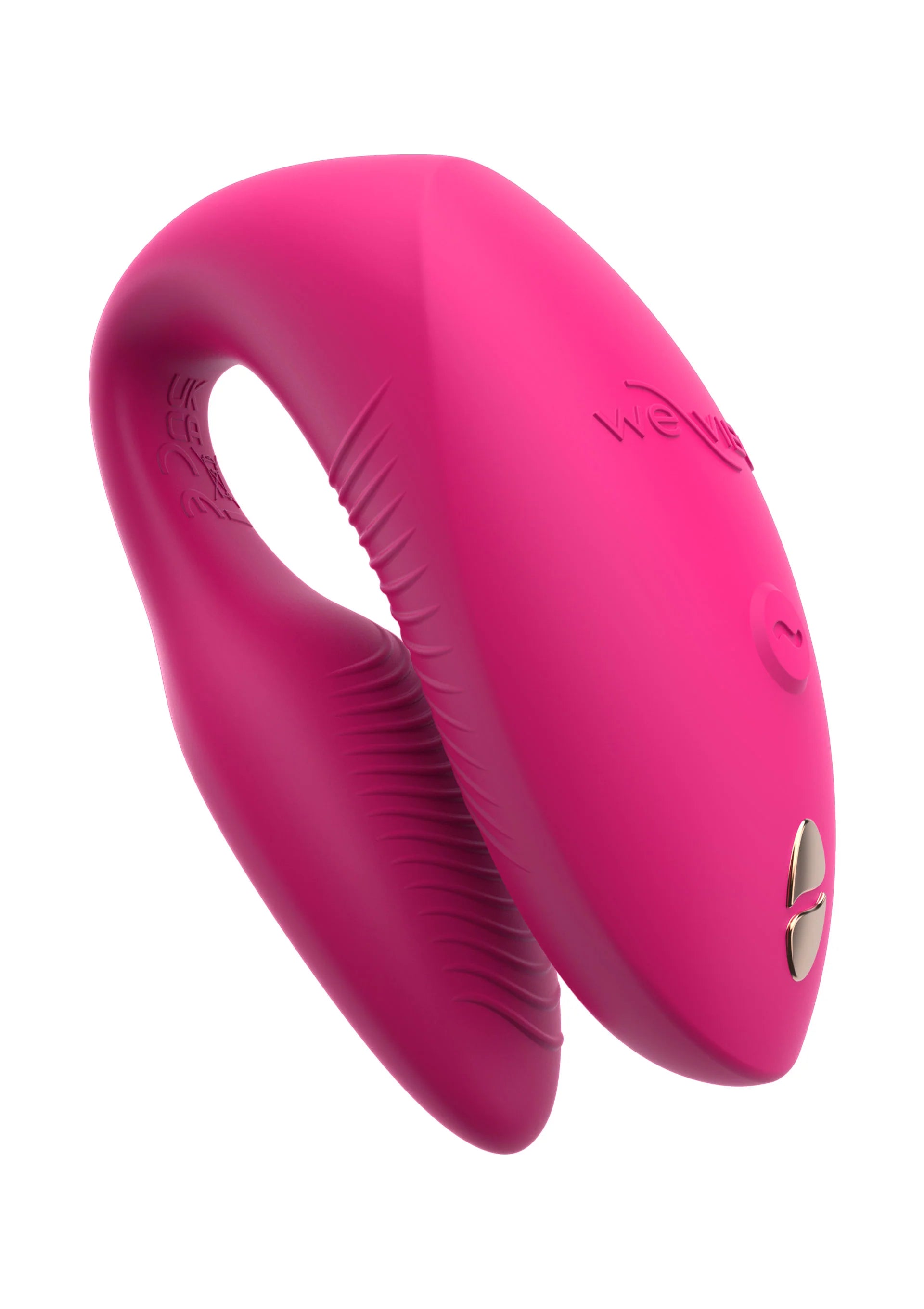 Roze vibratorring met textuur en ovale opening, glad oppervlak met logo