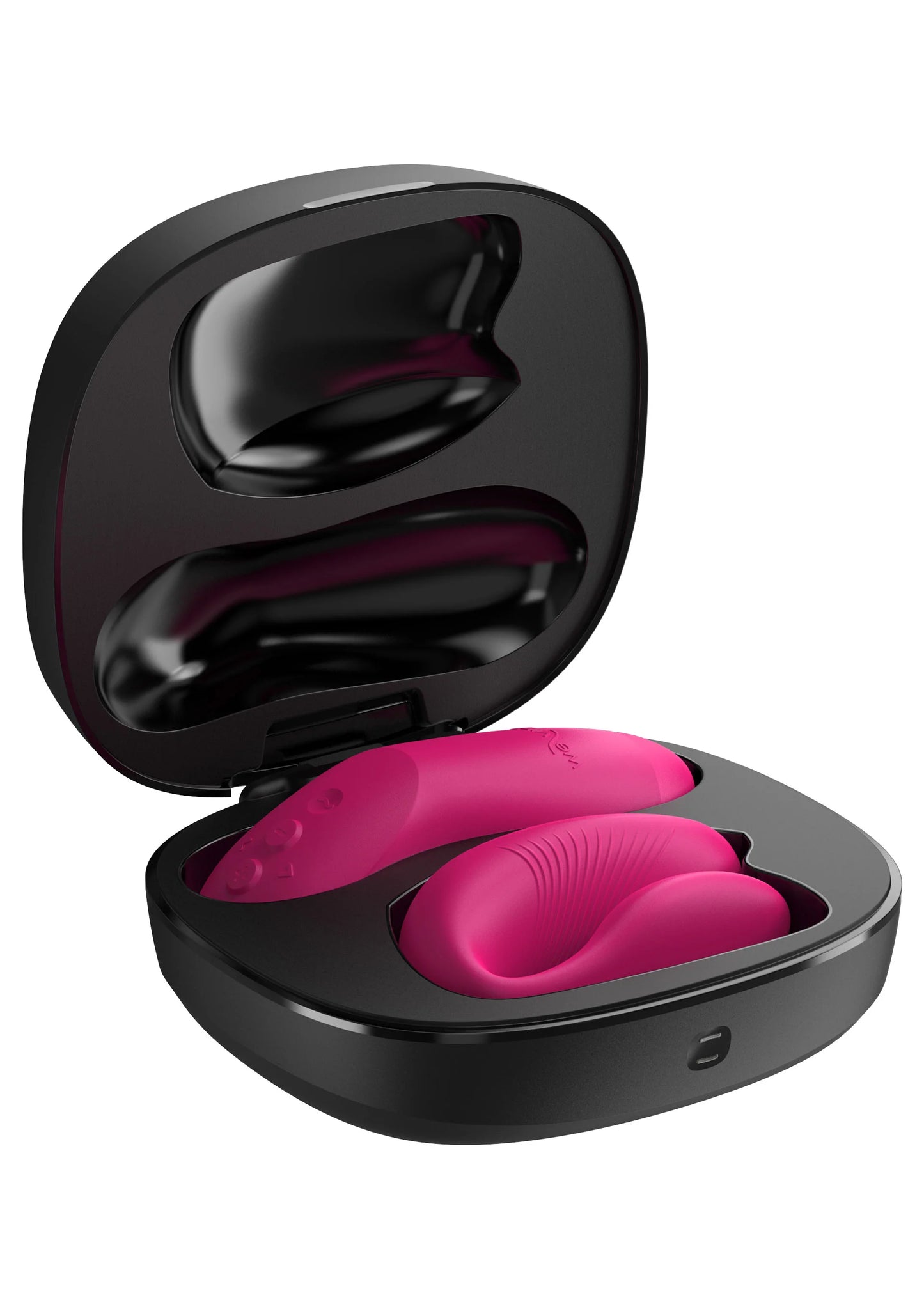 Roze vibratorring in zwarte opberg- en oplaadcase, open deksel en inzet