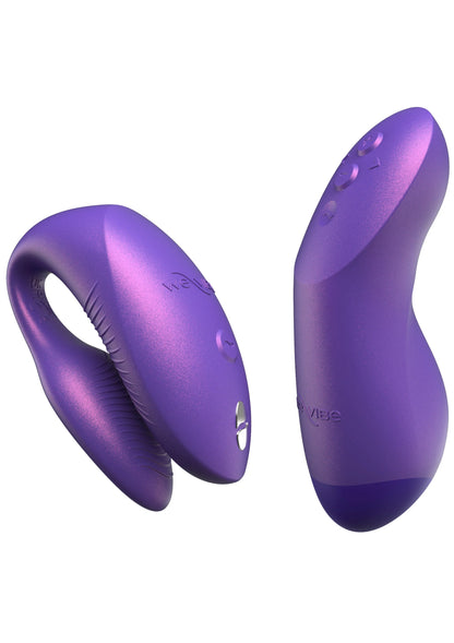 Paarse dubbele vibrator, twee ovale delen met zichtbare knoppen