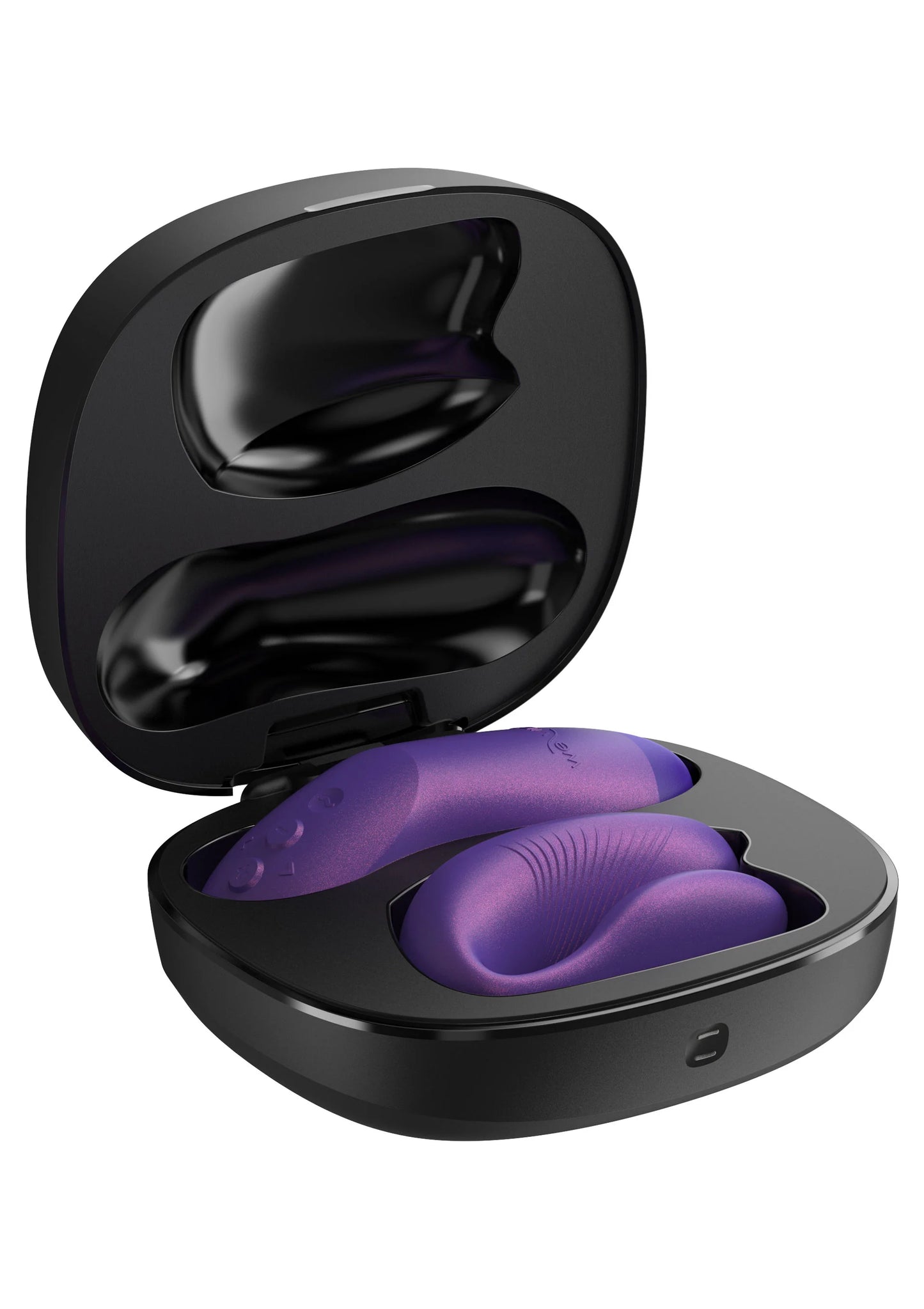 We-Vibe Chorus Pro: zwarte opbergcase met paarse dubbele vibrator, open deksel