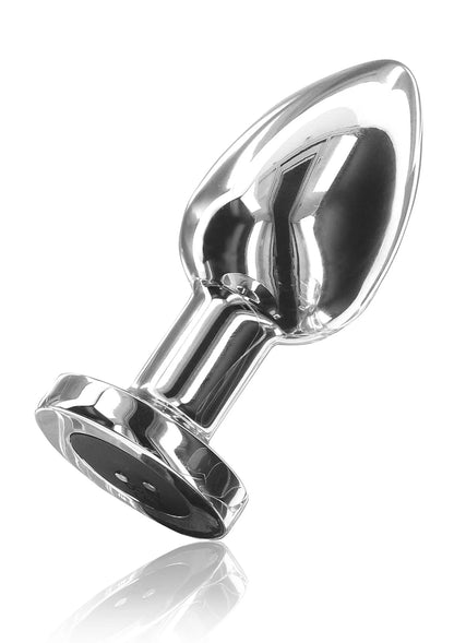 Glanzende metalen billenplug met ronde insteek en schijfvormige voet, zijaanzicht