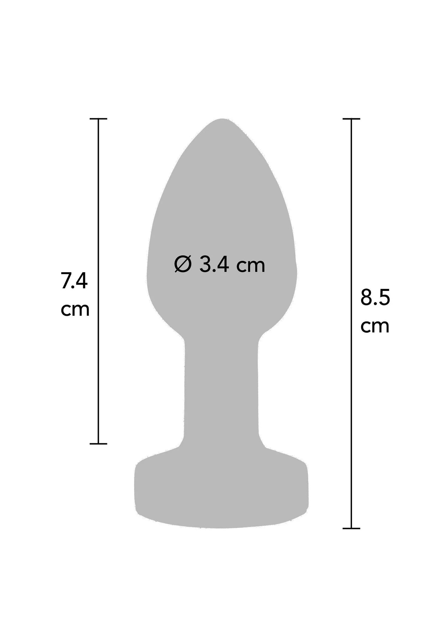 Metalen billenplug met afmetingen: 7,4 cm hoog en ø 3,4 cm (diagramvorm)