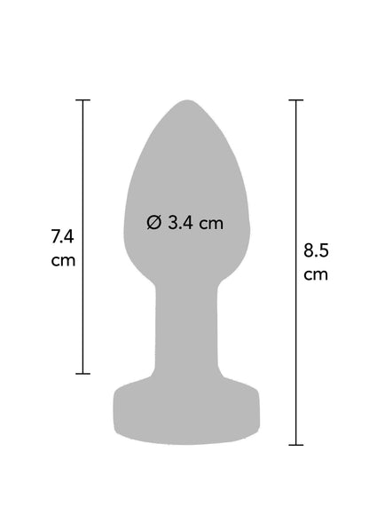 Metalen billenplug met afmetingen: 7,4 cm hoog en ø 3,4 cm (diagramvorm)