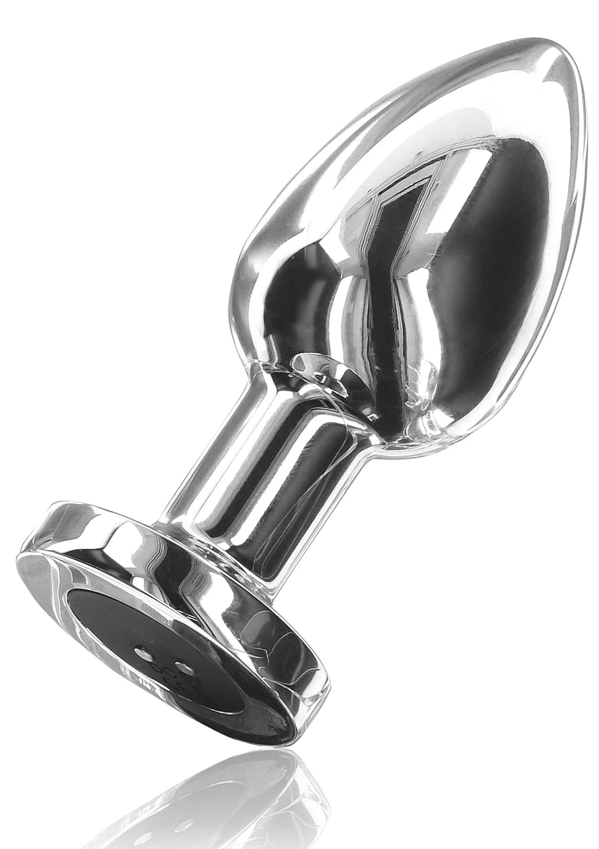 Reflecterende metalen buttplug met taps toelopende schacht en platte, geperforeerde voet