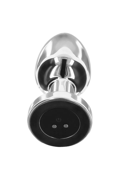 Metalen buttplug met ronde schijf en zwarte knopzone met twee kleine gaatjes