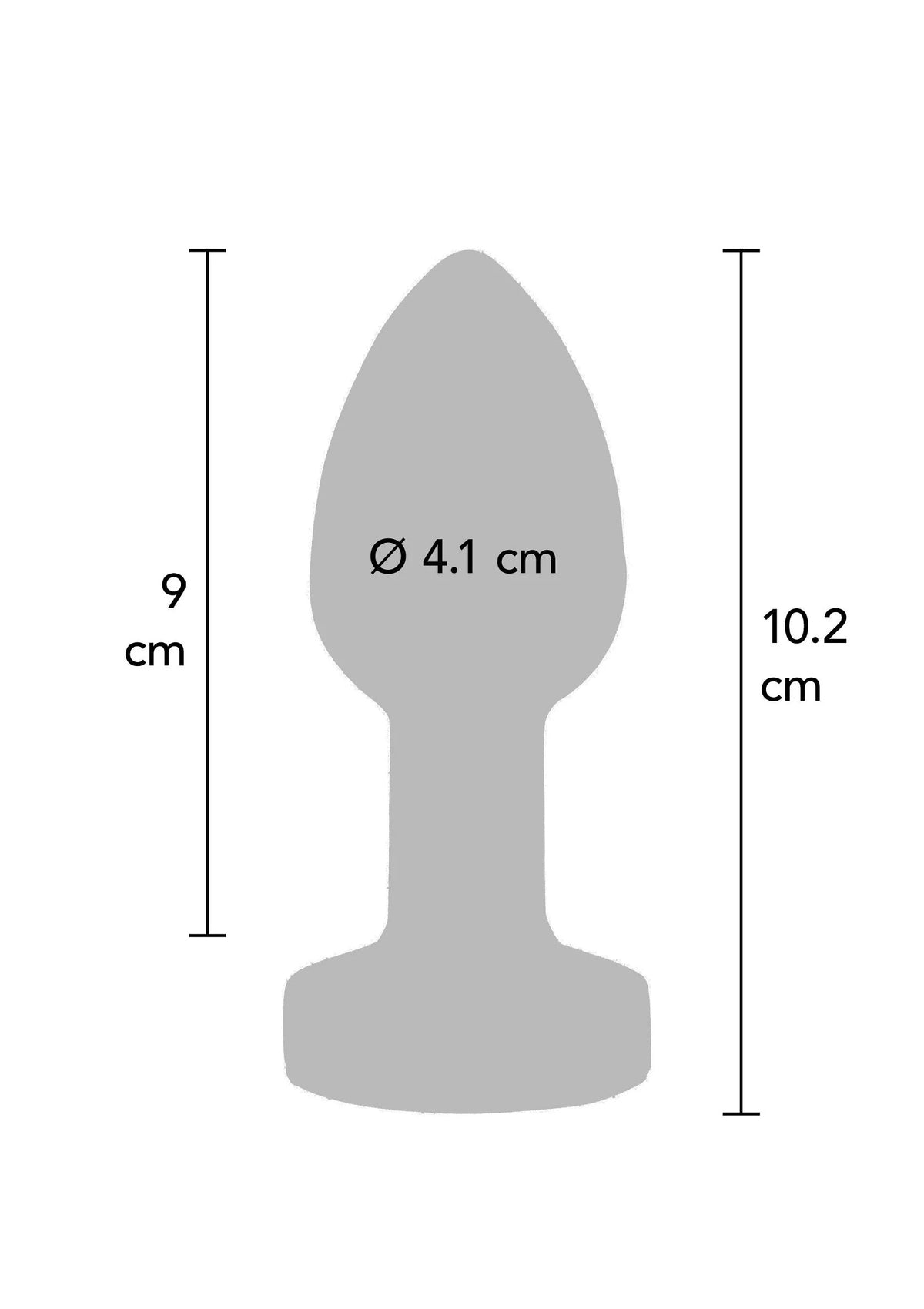 Afmeting-schets van metalen buttplug: Ø 4,1 cm, hoogte 10,2 cm (silhouet)